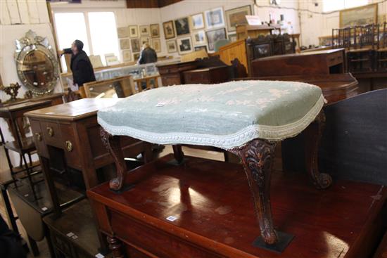 Mahogany foot stool with embroidered top on cabriole legs